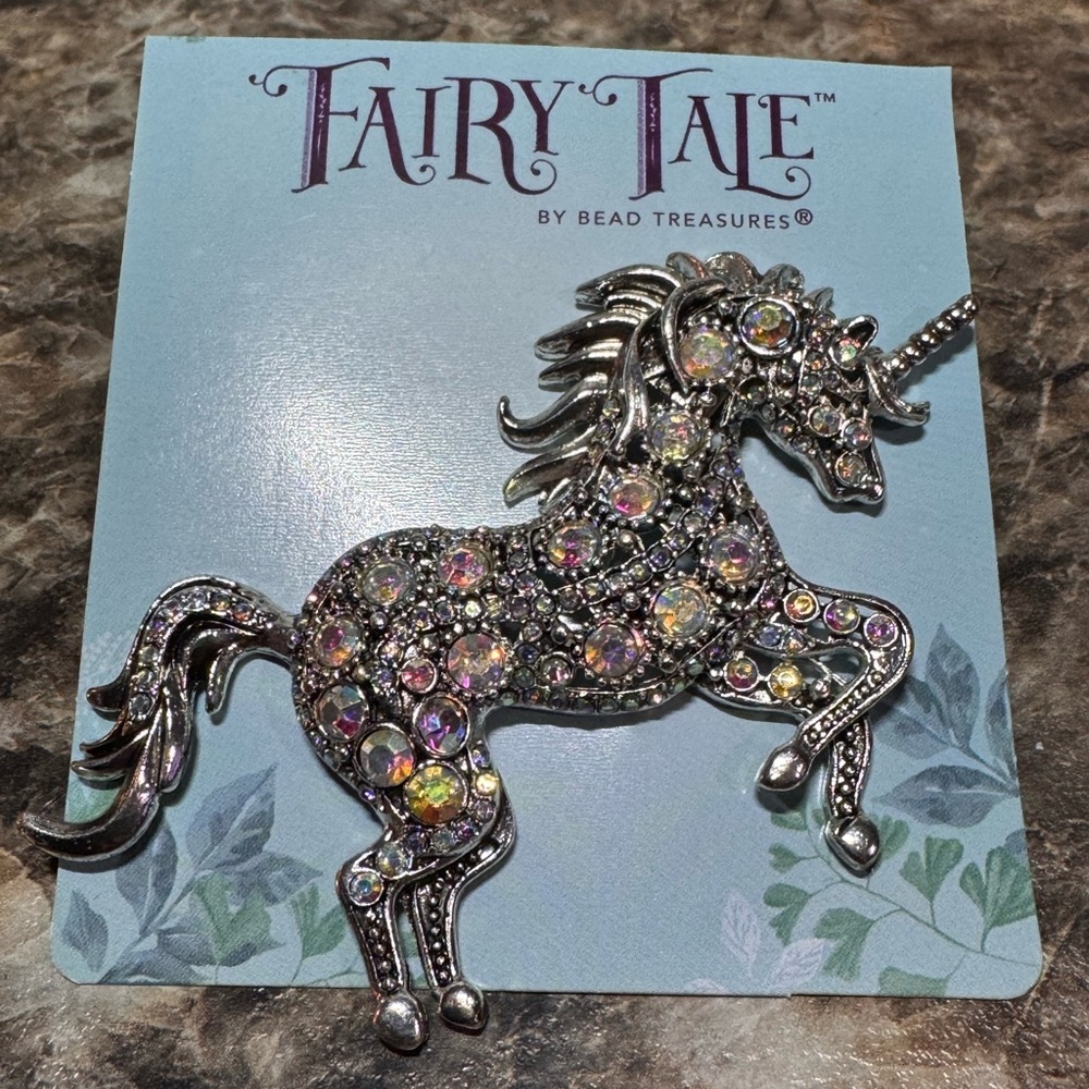 Fairy Tale by Bead Treasures Unicorn Brooch Rhinestone Accents New